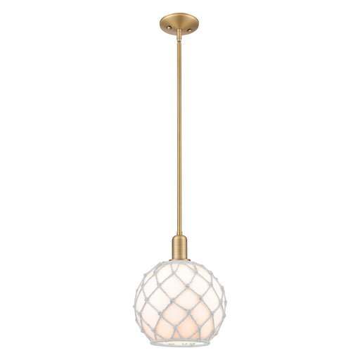 Innovations Farmhouse Rope 10in 1-Light Mini Pendant | Industrial Brushed Brass Steel and White Glass with White Rope | Model 716-1S-BB-G121-10RW