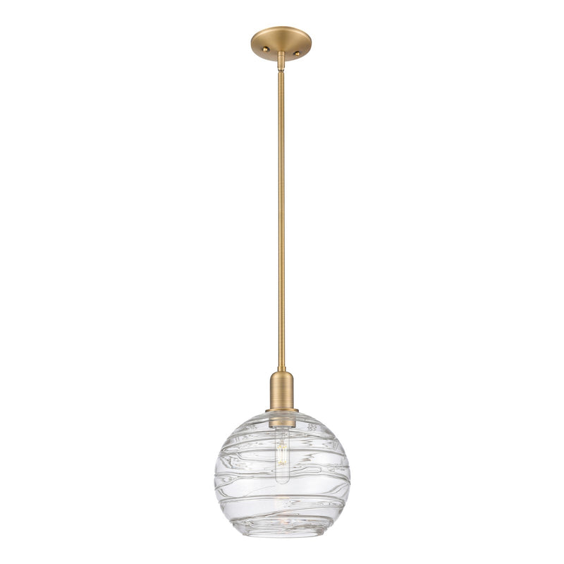 Innovations Athens Deco Swirl 10in 1-Light Mini Pendant | Industrial Brushed Brass and Clear Deco Swirl Glass | Kitchen | Model 716-1S-BB-G1213-10CL
