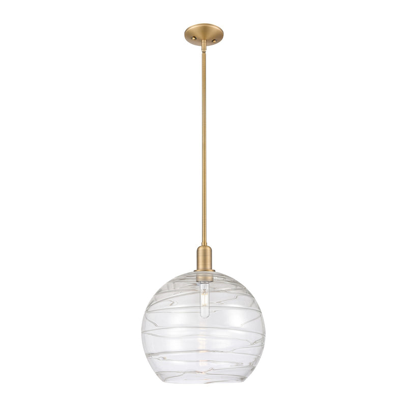 Innovations Athens Deco Swirl 14in 1-Light Mini Pendant | Industrial Brushed Brass and Clear Deco Swirl Glass | Kitchen | Model 716-1S-BB-G1213-14CL