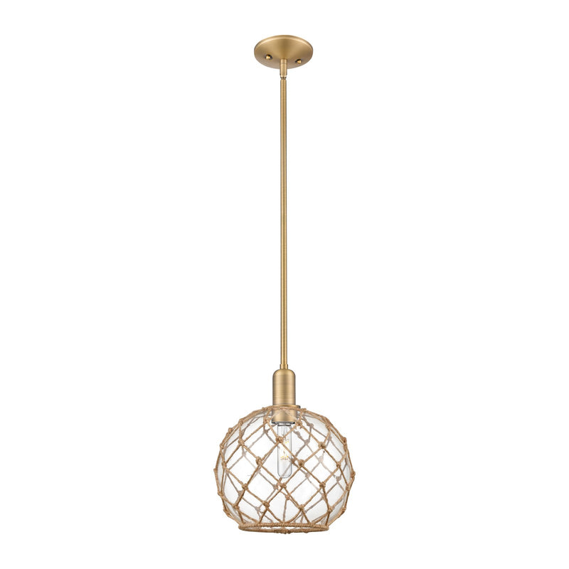 Innovations Farmhouse Rope 10in 1-Light Mini Pendant | Industrial Brushed Brass Steel and Clear Glass with Brown Rope | Model 716-1S-BB-G122-10RB