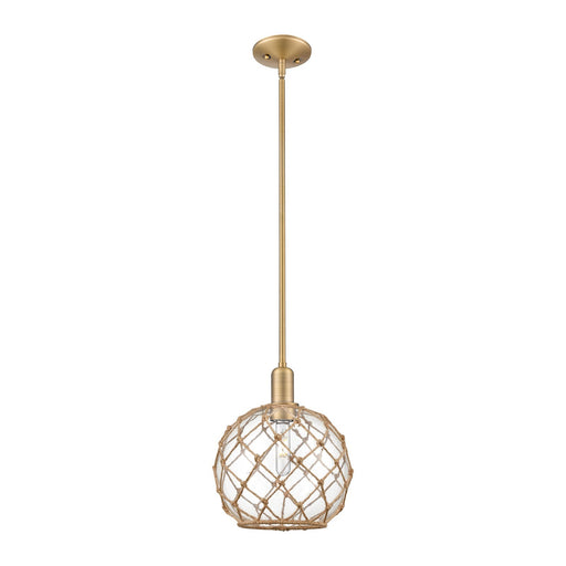 Innovations Farmhouse Rope 10in 1-Light Mini Pendant | Industrial Brushed Brass Steel and Clear Glass with Brown Rope | Model 716-1S-BB-G122-10RB