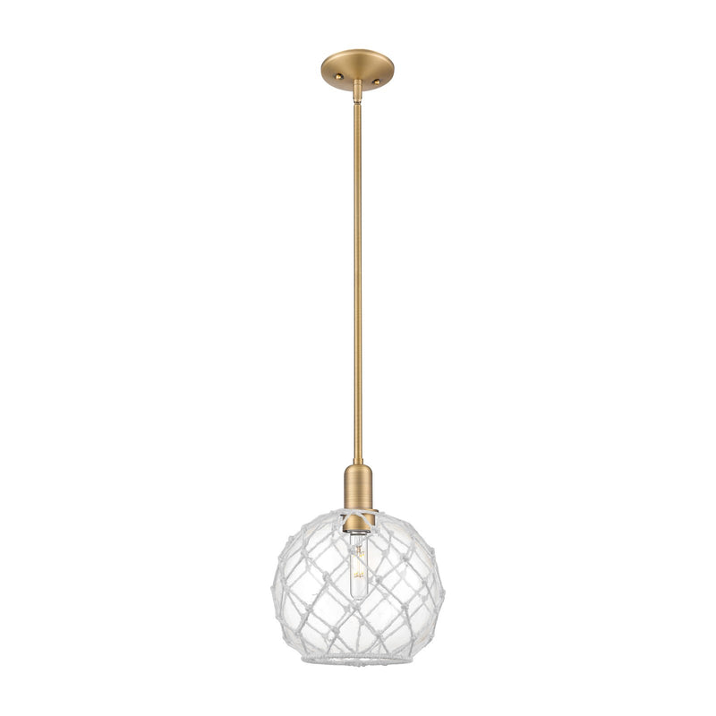 Innovations Farmhouse Rope 10in 1-Light Mini Pendant | Industrial Brushed Brass Steel and Clear Glass with White Rope | Model 716-1S-BB-G122-10RW