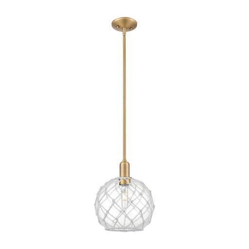 Innovations Farmhouse Rope 10in 1-Light Mini Pendant | Industrial Brushed Brass Steel and Clear Glass with White Rope | Model 716-1S-BB-G122-10RW
