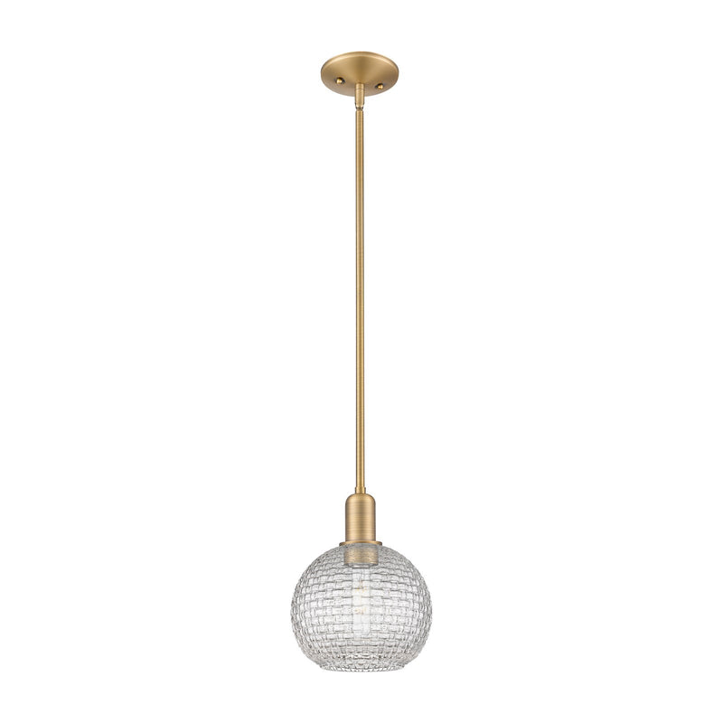 Innovations Athens 8in 1-Light Mini Pendant | Industrial Brushed Brass Steel and Clear Basket Weave Glass | Kitchen Island & | Model 716-1S-BB-G122C-8CL