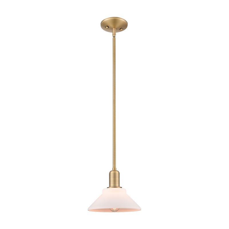 Innovations Orwell 8.38in 1-Light Mini Pendant | Industrial Brushed Brass and Matte White Glass | Kitchen Island & Dining Room | Model 716-1S-BB-G131