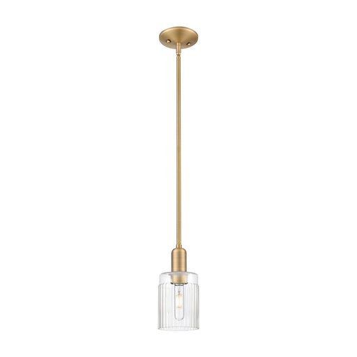 Innovations Hadley 4.5in 1-Light Mini Pendant | Industrial Brushed Brass Steel and Clear Ribbed Glass | Kitchen Island & Dining | Model 716-1S-BB-G342
