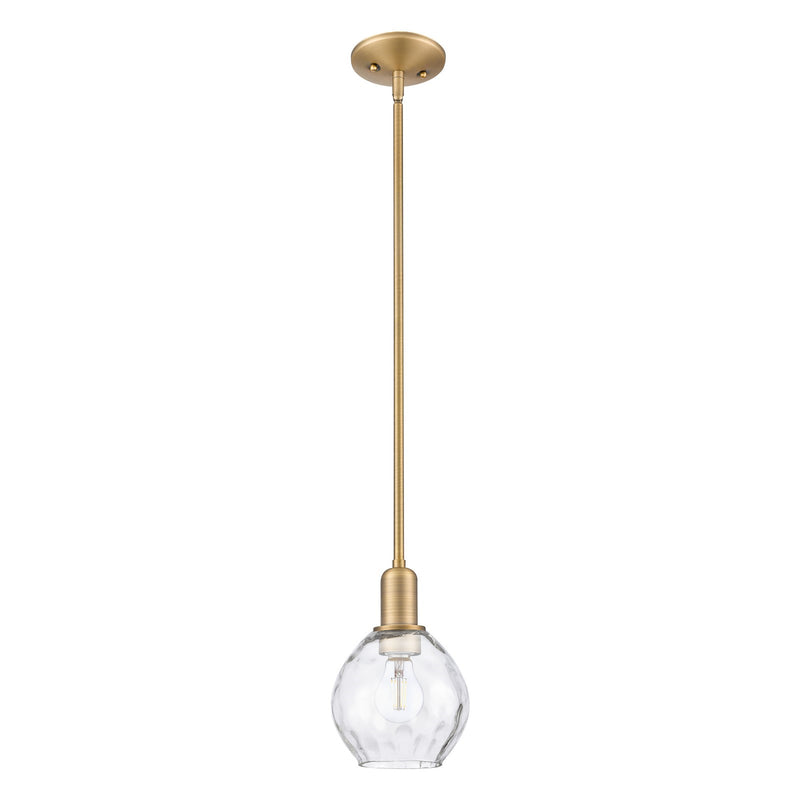 Innovations Waverly 6in 1-Light Mini Pendant | Industrial Brushed Brass and Clear Water Glass | Kitchen Island & Dining Room | Damp | Model 716-1S-BB-G362