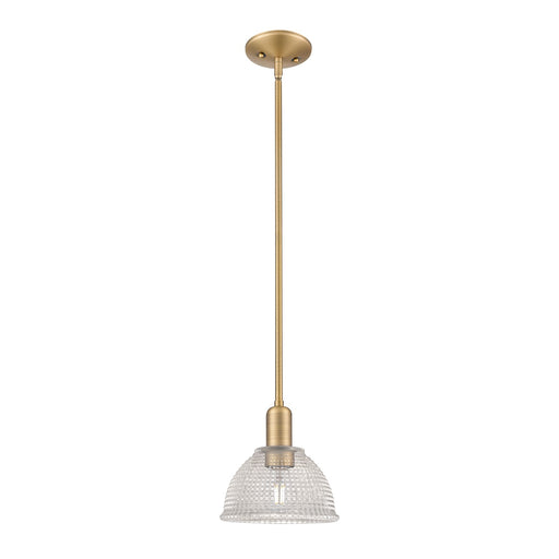 Innovations Arietta 8in 1-Light Mini Pendant | Industrial Brushed Brass Steel and Clear Glass | Kitchen Island & Dining Room | Damp | Model 716-1S-BB-G422