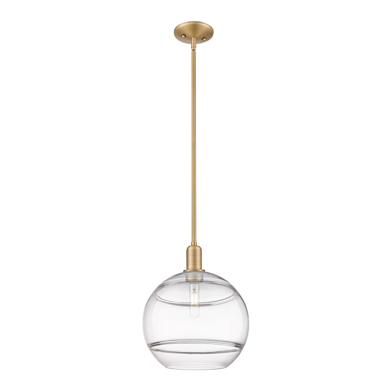 Innovations Rochester 12in 1-Light Mini Pendant | Industrial Brushed Brass Steel and Clear Glass | Kitchen Island & Dining | Model 716-1S-BB-G556-12CL