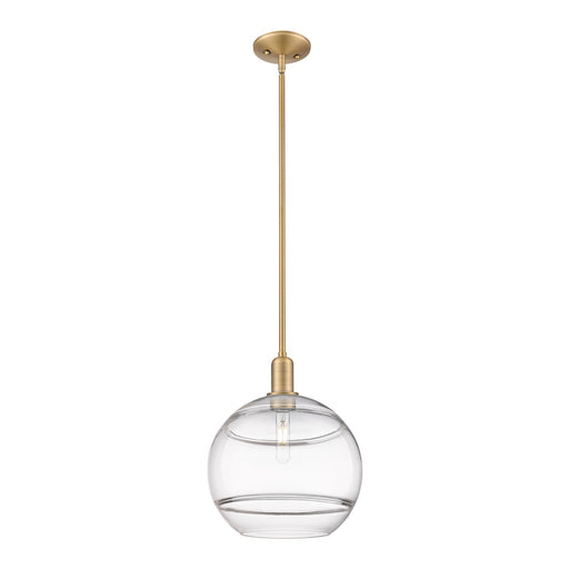 Innovations Rochester 12in 1-Light Mini Pendant | Industrial Brushed Brass Steel and Clear Glass | Kitchen Island & Dining | Model 716-1S-BB-G556-12CL