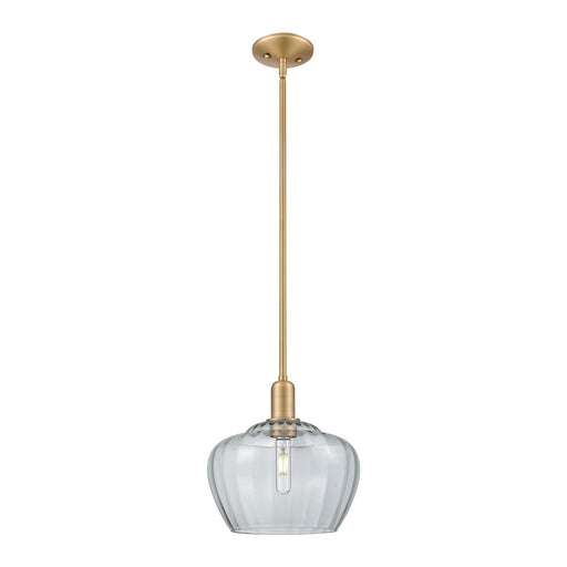 Innovations Fenton 11in 1-Light Mini Pendant | Industrial Brushed Brass Steel and Clear Ribbed Glass | Kitchen Island & Dining | Model 716-1S-BB-G92-L