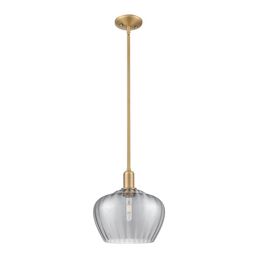 Innovations Fenton 11in 1-Light Mini Pendant | Industrial Brushed Brass and Light Smoke Ribbed Glass | Kitchen Island & Dining | Model 716-1S-BB-G93-L
