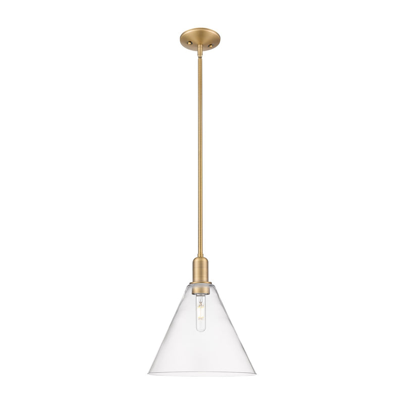 Innovations Berkshire Glass 12in 1-Light Mini Pendant | Industrial Brushed Brass Steel and Clear Cone Glass | Kitchen Island & | Model 716-1S-BB-GBC-122