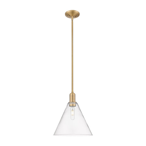 Innovations Berkshire Glass 12in 1-Light Mini Pendant | Industrial Brushed Brass Steel and Clear Cone Glass | Kitchen Island & | Model 716-1S-BB-GBC-122