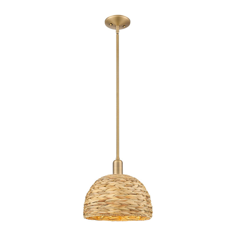 Innovations Woven Rattan 12in 1-Light Mini Pendant | Industrial Brushed Brass and Natural Fiber Dome Shade | Kitchen Island & | Model 716-1S-BB-RBD-12-NAT