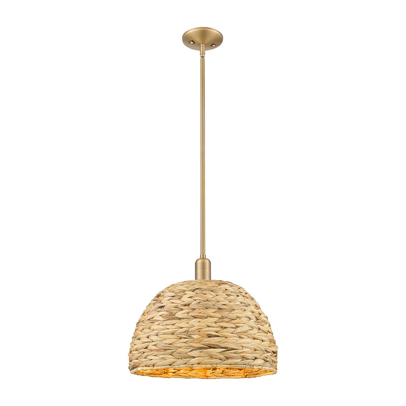 Innovations Woven Rattan 16in 1-Light Mini Pendant | Industrial Brushed Brass and Natural Fiber Dome Shade | Kitchen Island & | Model 716-1S-BB-RBD-16-NAT
