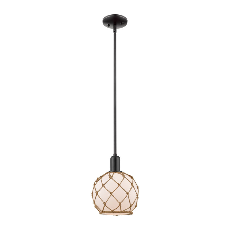Innovations Farmhouse Rope 8in 1-Light Mini Pendant | Industrial Matte Black Steel and White Frosted Glass with Brown Rope | Model 716-1S-BK-G121-8RB