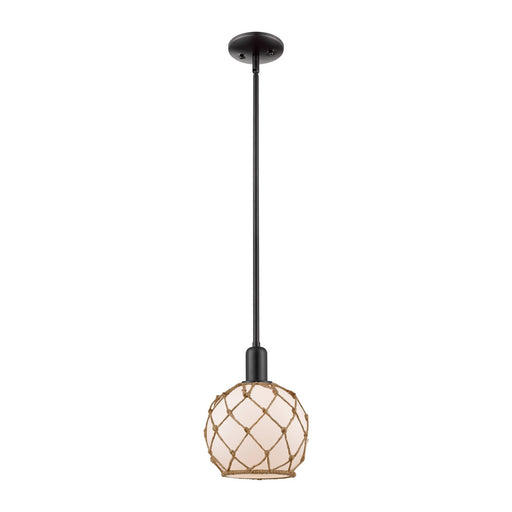 Innovations Farmhouse Rope 8in 1-Light Mini Pendant | Industrial Matte Black Steel and White Frosted Glass with Brown Rope | Model 716-1S-BK-G121-8RB
