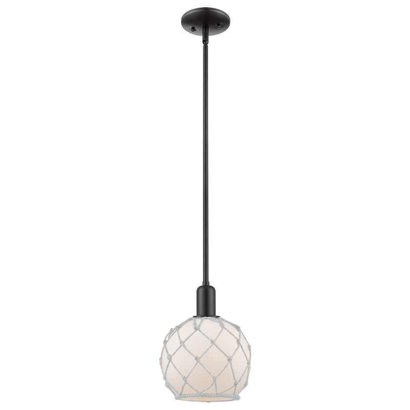 Innovations Farmhouse Rope 8in 1-Light Mini Pendant | Industrial Matte Black Steel and White Frosted Glass with Rope Shade | Model 716-1S-BK-G121-8RW