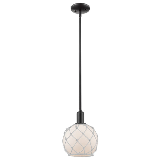 Innovations Farmhouse Rope 8in 1-Light Mini Pendant | Industrial Matte Black Steel and White Frosted Glass with Rope Shade | Model 716-1S-BK-G121-8RW