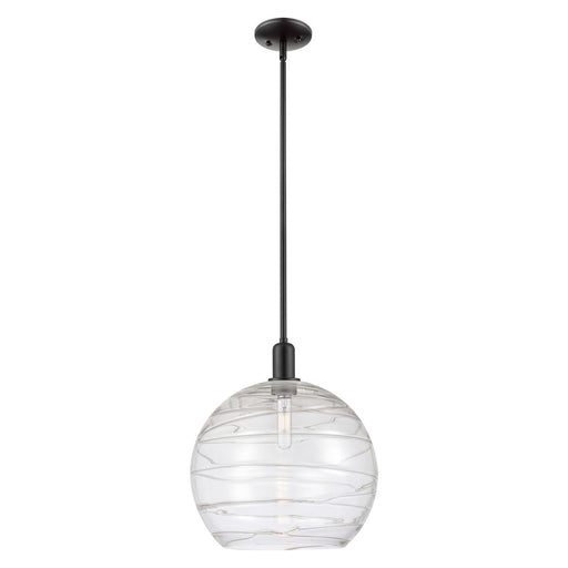 Innovations Athens Deco Swirl 14in 1-Light Mini Pendant | Industrial Matte Black Steel and Clear Deco Swirl Glass | Kitchen | Model 716-1S-BK-G1213-14CL