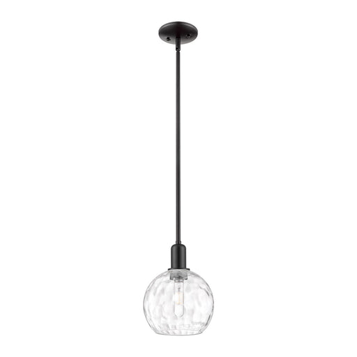 Innovations Athens Water Glass 8in 1-Light Mini Pendant | Industrial Matte Black Steel and Clear Water Glass | Kitchen Island & | Model 716-1S-BK-G1215-8