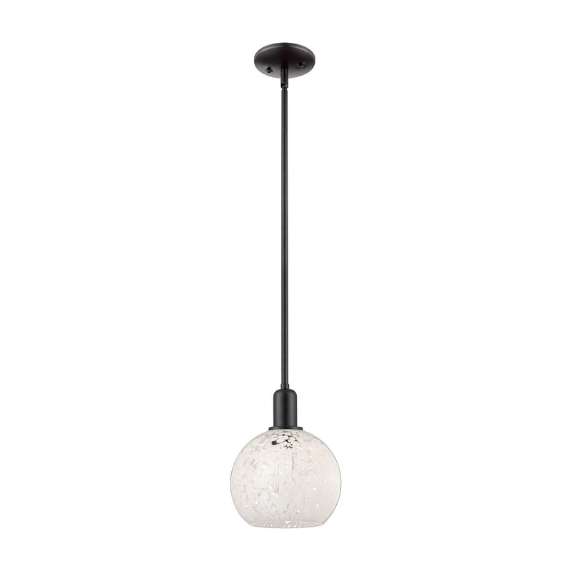 Innovations Lighting Arcadia 8in 1-Light Mini Pendant | Industrial Matte Black Steel and White Mouchette Glass | Kitchen | Model 716-1S-BK-G1216-8WM