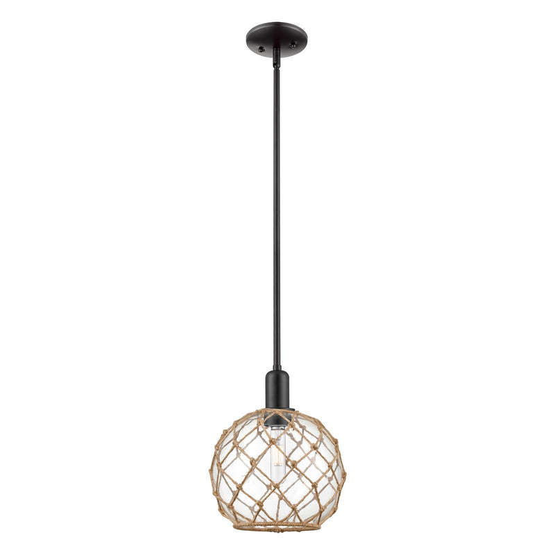 Innovations Farmhouse Rope 10in 1-Light Mini Pendant | Industrial Matte Black Steel and Clear Glass with Brown Rope | Kitchen | Model 716-1S-BK-G122-10RB