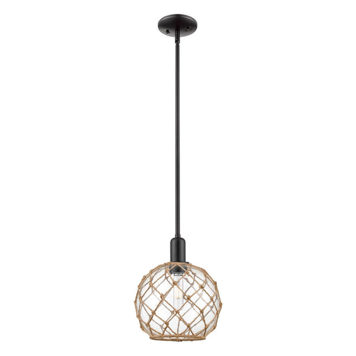 Innovations Farmhouse Rope 10in 1-Light Mini Pendant | Industrial Matte Black Steel and Clear Glass with Brown Rope | Kitchen | Model 716-1S-BK-G122-10RB