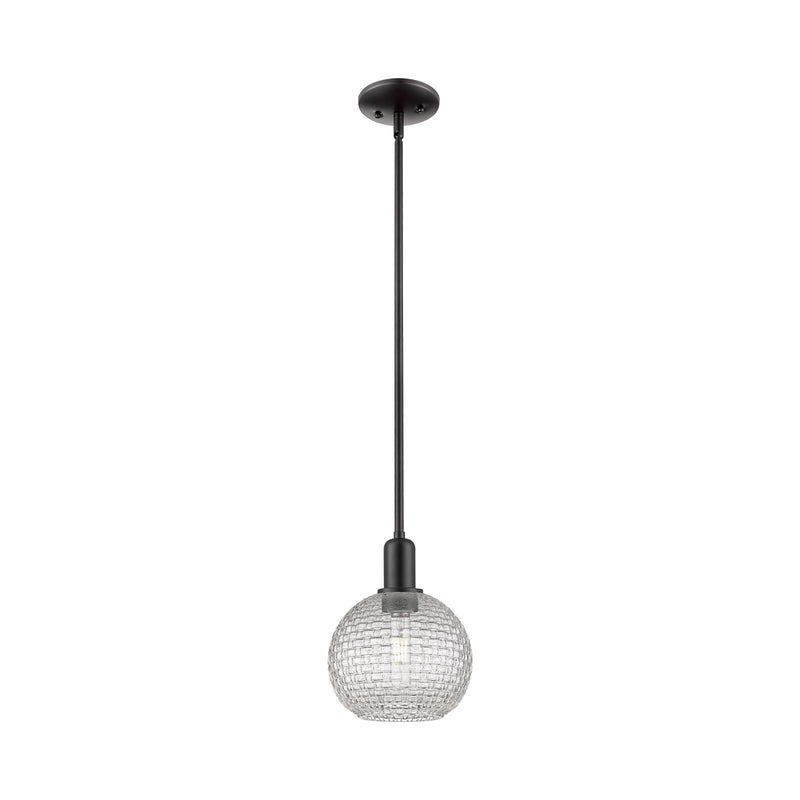 Innovations Athens 8in 1-Light Mini Pendant | Industrial Matte Black Steel and Clear Basket Weave Glass | Kitchen Island & | Model 716-1S-BK-G122C-8CL