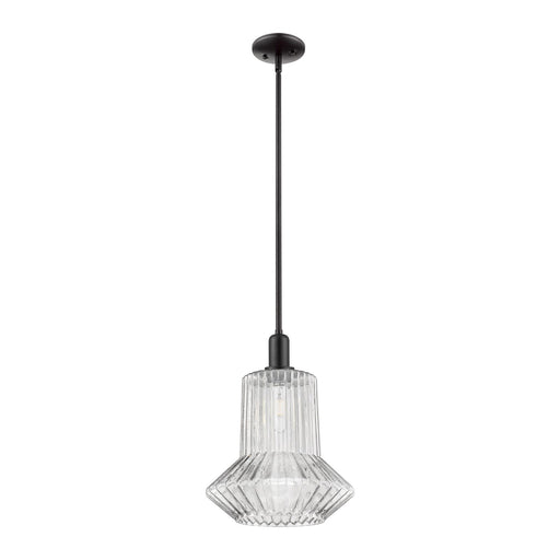 Innovations Springwater 12in 1-Light Mini Pendant | Industrial Matte Black Steel and Clear Fluted Glass | Kitchen Island & Dining | Model 716-1S-BK-G212