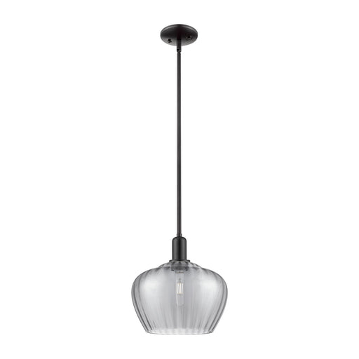 Innovations Fenton 11in 1-Light Mini Pendant | Industrial Matte Black Steel and Light Smoke Ribbed Glass | Kitchen Island & Dining | Model 716-1S-BK-G93-L