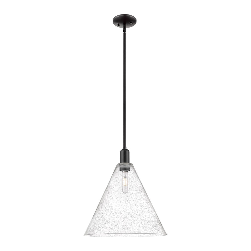 Innovations Berkshire Glass 16in 1-Light Mini Pendant | Industrial Matte Black Steel and Seedy Glass | Kitchen Island & Dining | Model 716-1S-BK-GBC-164