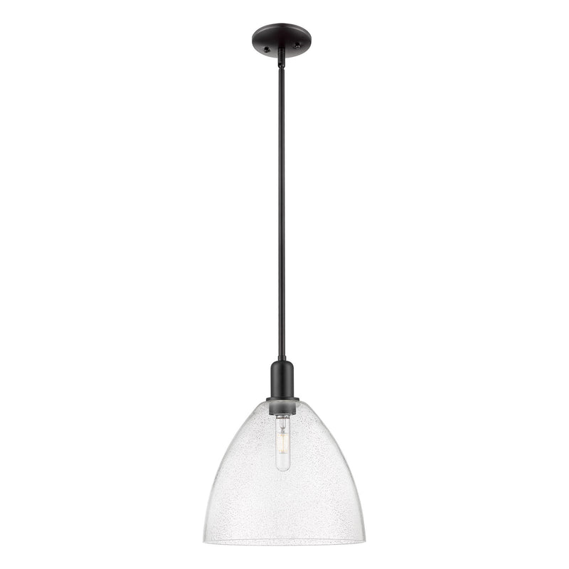Innovations Bristol 12in 1-Light Mini Pendant | Industrial Matte Black Steel and Seedy Glass | Kitchen Island | 12 x 12 x 13.62 | Model 716-1S-BK-GBD-124