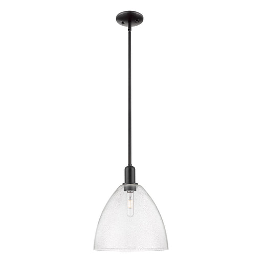 Innovations Bristol 12in 1-Light Mini Pendant | Industrial Matte Black Steel and Seedy Glass | Kitchen Island | 12 x 12 x 13.62 | Model 716-1S-BK-GBD-124