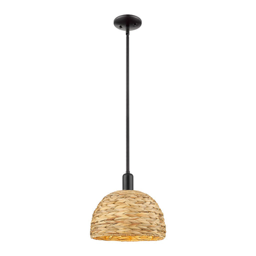 Innovations Woven Rattan 12in 1-Light Mini Pendant | Industrial Matte Black Steel and Natural Fiber Dome Shade | Kitchen | Model 716-1S-BK-RBD-12-NAT