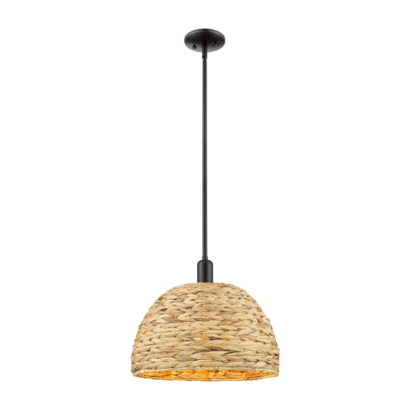 Innovations Woven Rattan 16in 1-Light Mini Pendant | Industrial Matte Black Steel and Natural Fiber Dome Shade | Kitchen | Model 716-1S-BK-RBD-16-NAT