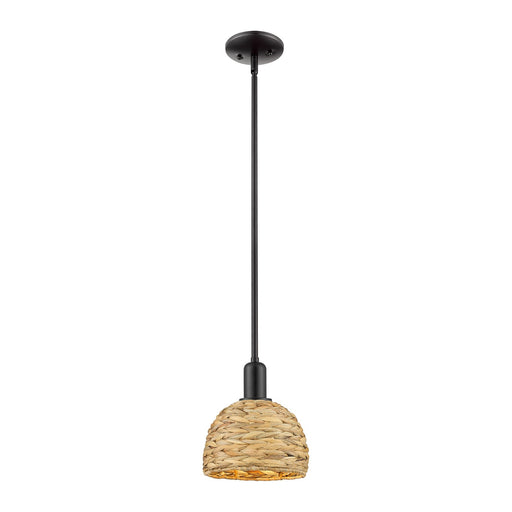 Innovations Woven Rattan 8in 1-Light Mini Pendant | Rustic Farmhouse Matte Black Steel and Natural Woven Rattan Shade | Model 716-1S-BK-RBD-8-NAT