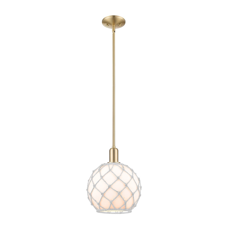 Innovations Farmhouse Rope 10in 1-Light Mini Pendant | Industrial Champagne Bronze Steel and White Glass with Rope Shade | Model 716-1S-CB-G121-10RW