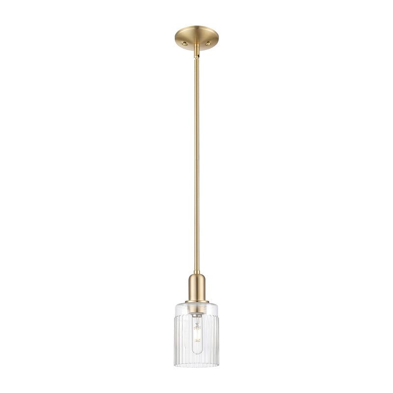 Innovations Hadley 1-Light 4.5in Mini Pendant | Industrial Champagne Bronze Steel and Clear Ribbed Glass | Kitchen Island & Dining | Model 716-1S-CB-G342