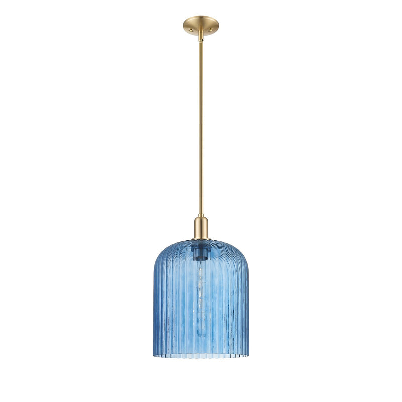 Innovations Bridal Veil 12in 1-Light Mini Pendant | Industrial Champagne Bronze Steel and Blue Ribbed Glass | Kitchen Island & | Model 716-1S-CB-G559-12BL