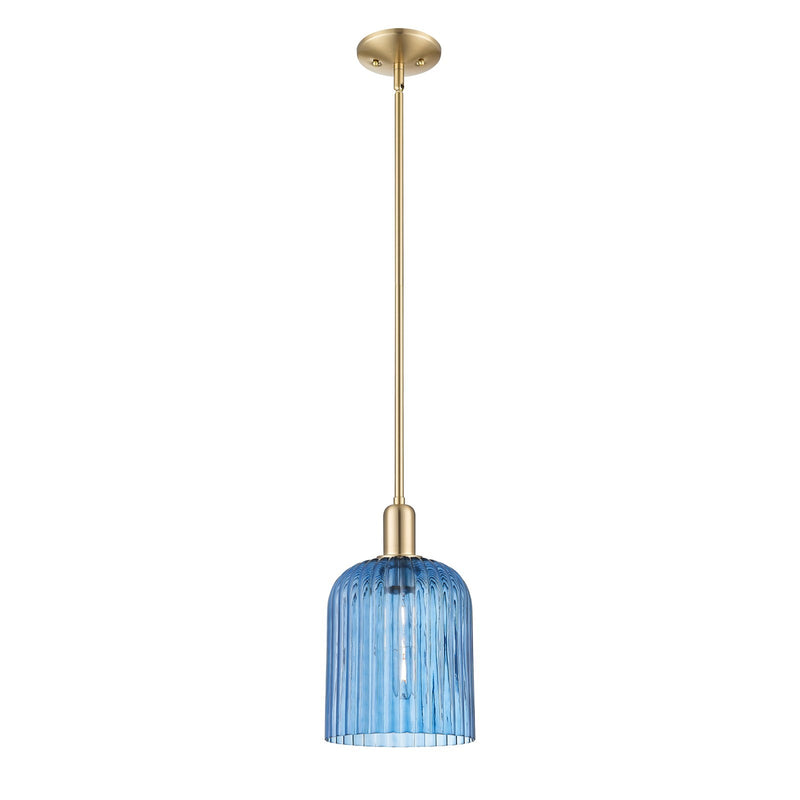 Innovations Bridal Veil 8in 1-Light Mini Pendant | Industrial Champagne Bronze Steel and Princess Blue Ribbed Glass | Kitchen | Model 716-1S-CB-G559-8BL