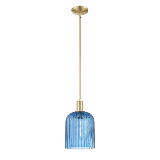 Innovations Bridal Veil 8in 1-Light Mini Pendant | Industrial Champagne Bronze Steel and Princess Blue Ribbed Glass | Kitchen | Model 716-1S-CB-G559-8BL