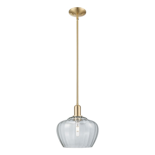 Innovations Fenton 11in 1-Light Mini Pendant | Industrial Champagne Bronze Steel and Clear Ribbed Glass | Kitchen Island & Dining | Model 716-1S-CB-G92-L