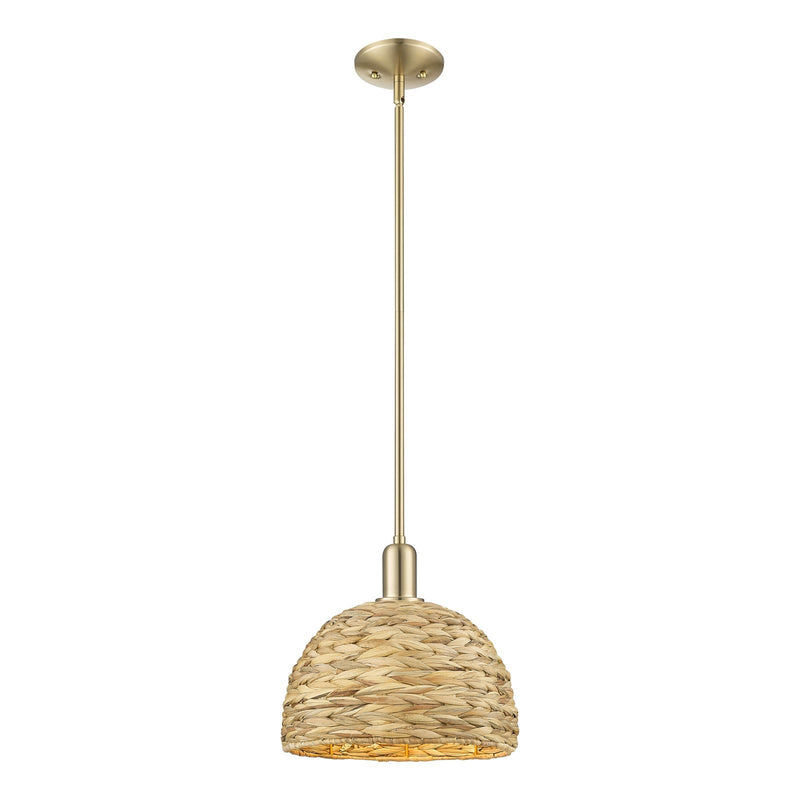 Innovations Woven Rattan 12in 1-Light Mini Pendant | Industrial Champagne Bronze Steel and Natural Fiber Dome Shade | Kitchen | Model 716-1S-CB-RBD-12-NAT