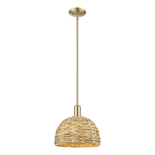 Innovations Woven Rattan 12in 1-Light Mini Pendant | Industrial Champagne Bronze Steel and Natural Fiber Dome Shade | Kitchen | Model 716-1S-CB-RBD-12-NAT