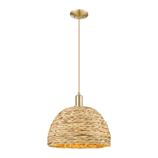 Innovations Woven Rattan 16in 1-Light Mini Pendant | Industrial Champagne Bronze Steel and Natural Fiber Dome Shade | Kitchen | Model 716-1S-CB-RBD-16-NAT
