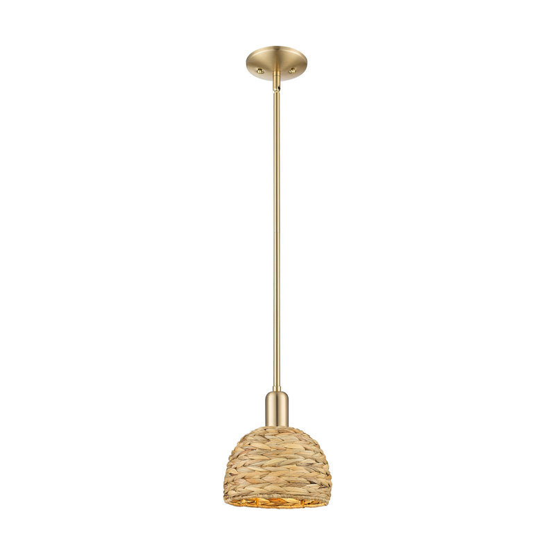 Innovations Woven Rattan 8in 1-Light Mini Pendant | Industrial Champagne Bronze Steel and Natural Fiber Dome Shade | Kitchen | Model 716-1S-CB-RBD-8-NAT
