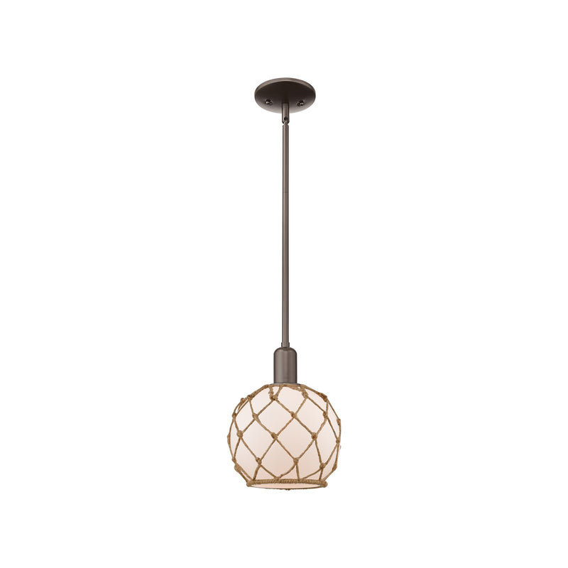 Innovations Farmhouse Rope 8in 1-Light Mini Pendant | Industrial Oil Rubbed Bronze Steel and White Frosted Glass with Brown | Model 716-1S-OB-G121-8RB
