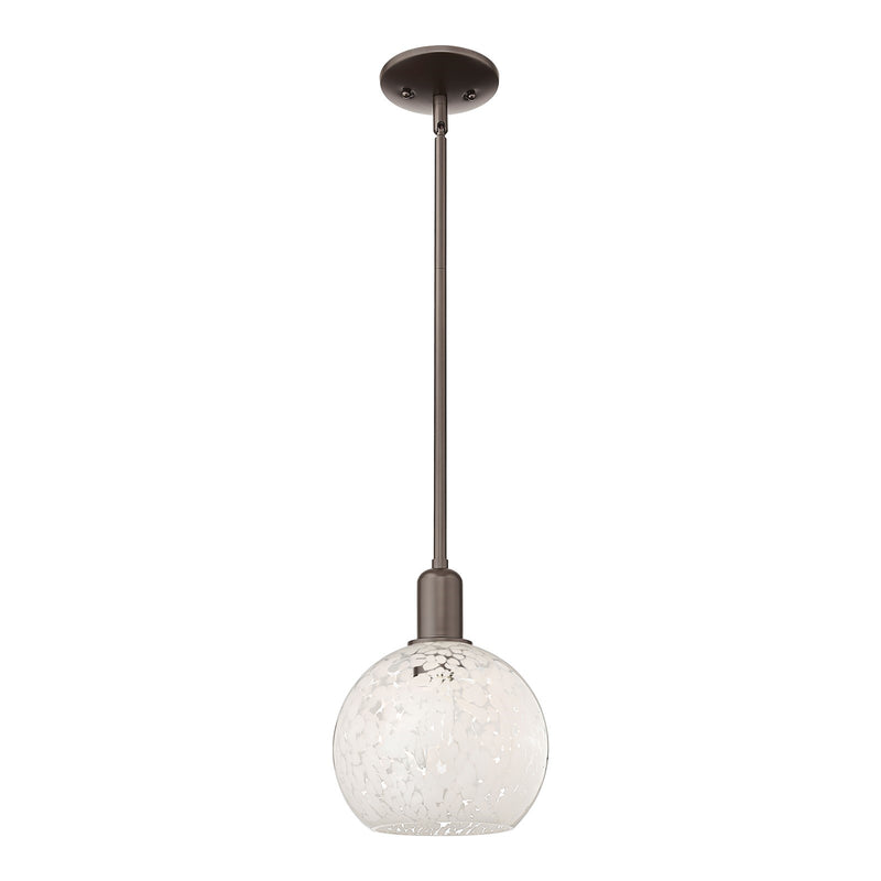 Innovations Lighting White Mouchette 8in 1-Light Mini Pendant | Industrial Oil Rubbed Bronze Steel and White Mouchette Glass | Model 716-1S-OB-G1216-8WM